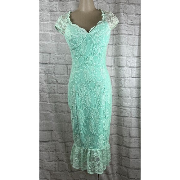 Lindy Bop April Dress Women's US 4 UK 8 Lace Teal Peacock Retro Sleeveless NWT - Picture 2 of 11